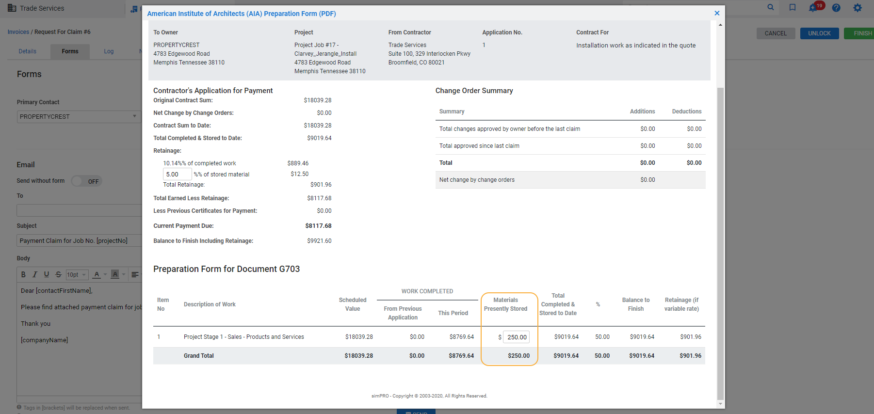 A screenshot of the Retainage calculated in the AIA preparation form.